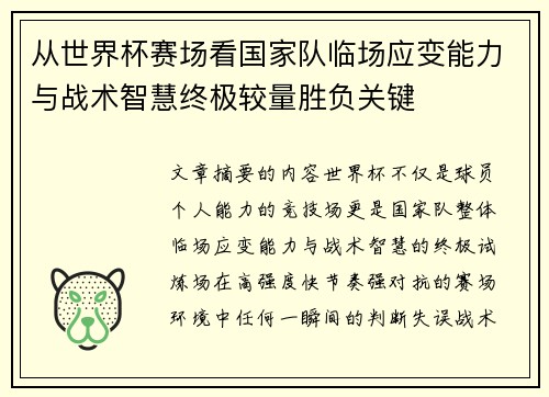 从世界杯赛场看国家队临场应变能力与战术智慧终极较量胜负关键
